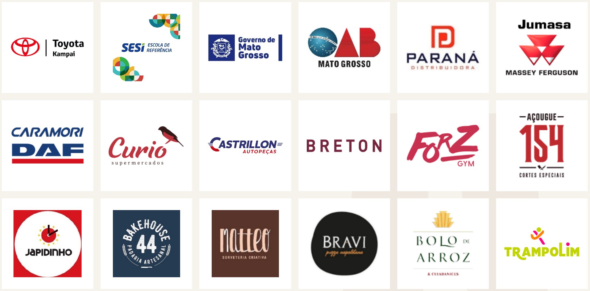 Logos de clientes: Toyota Kampai, SESI, Governo de Mato Grosso, OAB Mato Grosso, Paraná Distribuidora, Jumasa Massey Ferguson, Caramori DAF, Curió Supermercados, Castrillon Autopeças, Breton, Forz Gym, Açougue 154, Japidinho, Bakehouse 44, Matteo, Bravi, Bolo de Arroz e Trampolim